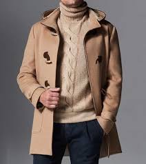beige knee-length jacket.